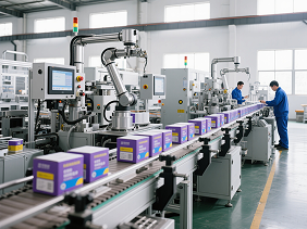 jimeng-2026-01-15-1651-关键元素：除湿盒产品（紫色和白色配色包装）的自动化包装生产线，包含金属机械臂、触... 1