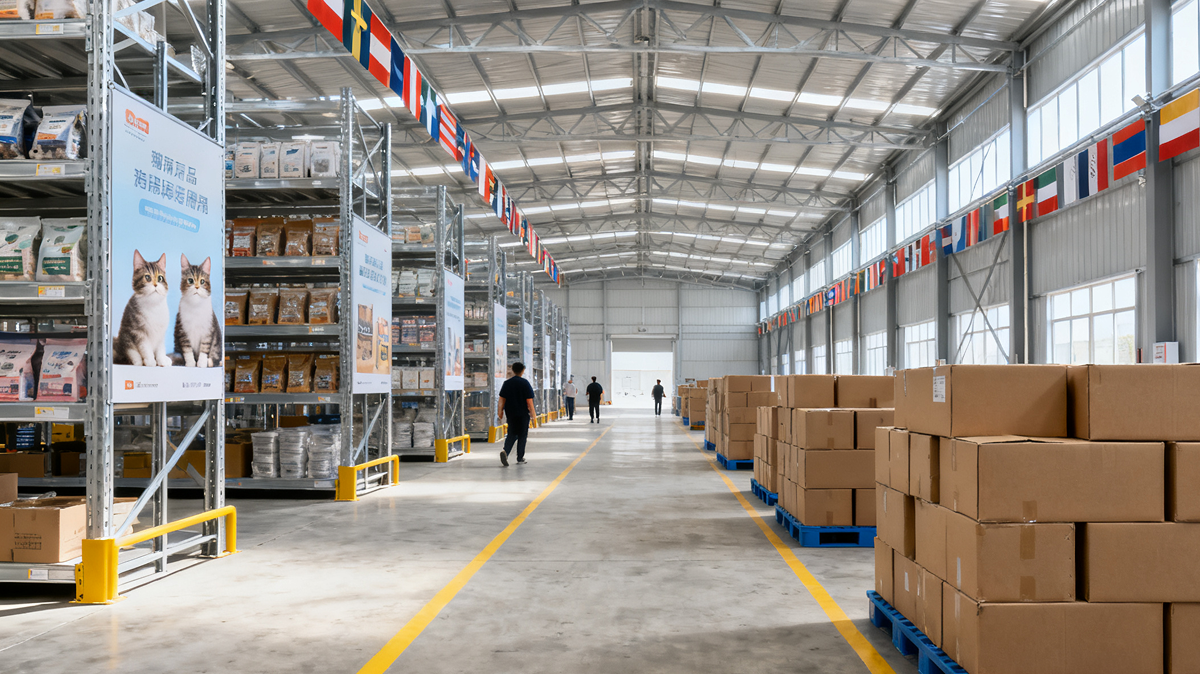 jimeng-2026-01-16-1365-关键元素：大型现代化猫咪用品仓库，高顶钢结构 + 通透采光，地面为水泥地并设黄色... 1