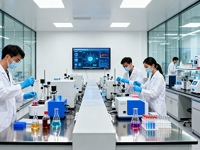 jimeng-2026-01-16-9062-关键元素：现代高端生物医药实验室，科研人员身着白色实验服、佩戴医用口罩与蓝色丁腈... 1